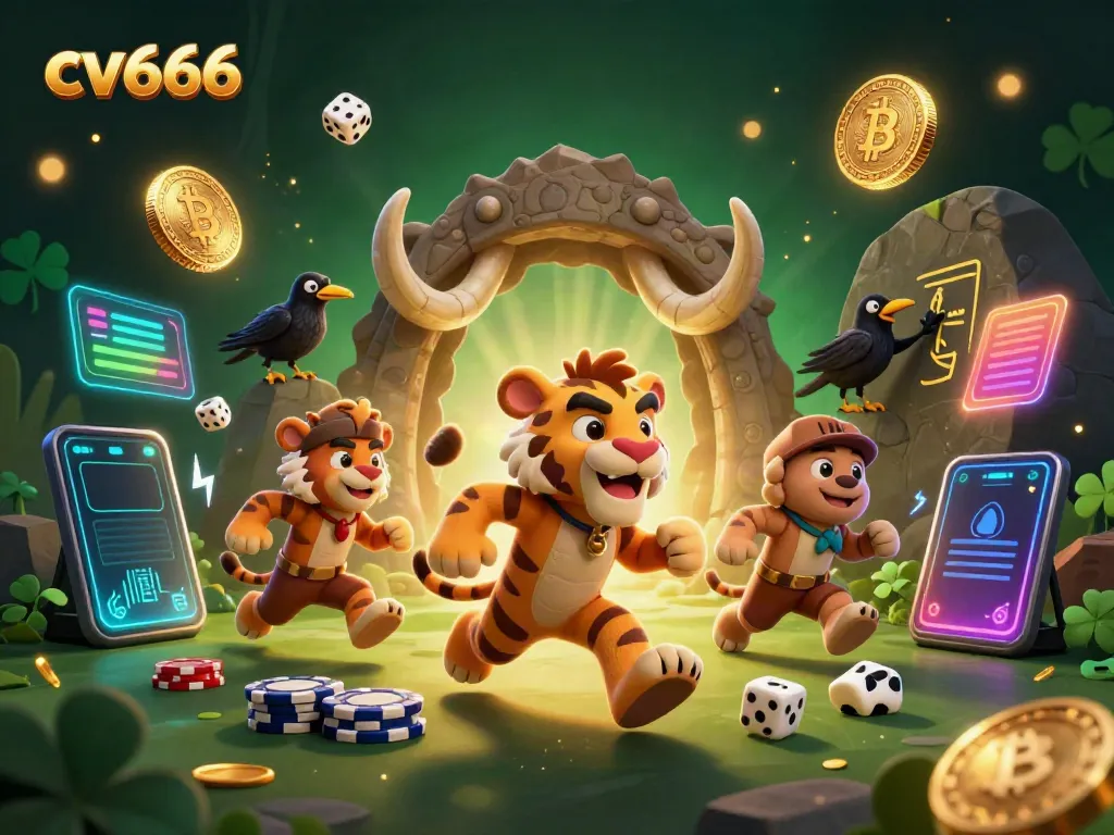 Experience the excitement of cv666 in a prehistoric casino adventure with vibrant 3D characters and crypto elements.