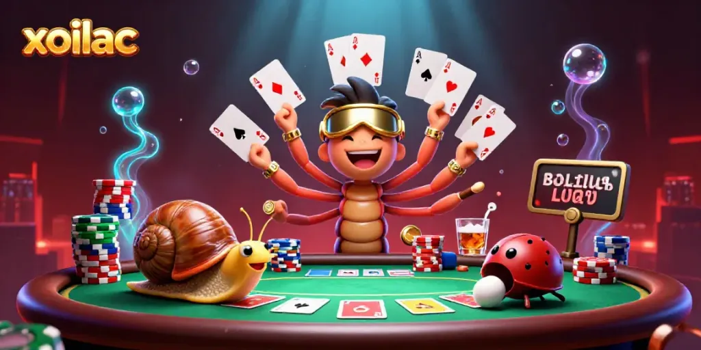 Xoilac showcases lively cartoon dealers in a vibrant online casino scene.