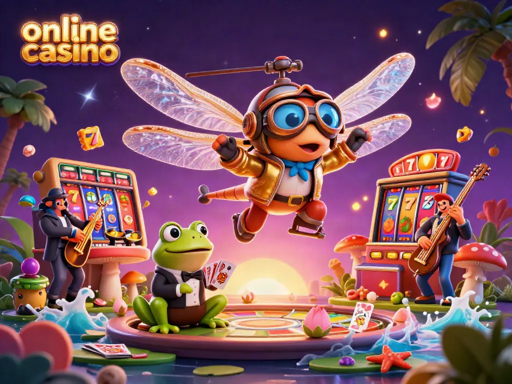 Engaging scene depicting an online casino with a dragonfly pilot, frog croupier, and exciting gaming elements.