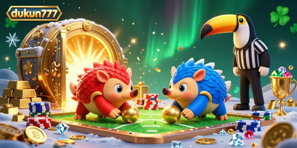 Dukun777 pangolins compete amidst golden treasures and poker chips in a vibrant casino scene.