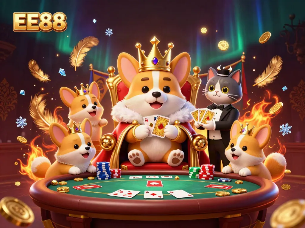 Experience the thrilling EE88 casino with a royal corgi and a cat butler in this vibrant casino scene.