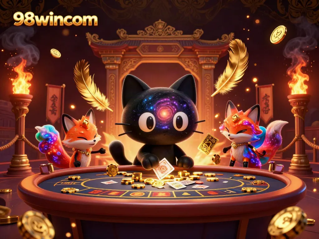 Engage with 98wincom's exhilarating cosmic casino scene filled with rich 3D characters and vibrant gambling elements.