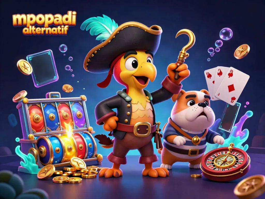 Engage with mpopadi alternatif showcasing a vibrant scene with slot game elements and lively characters.