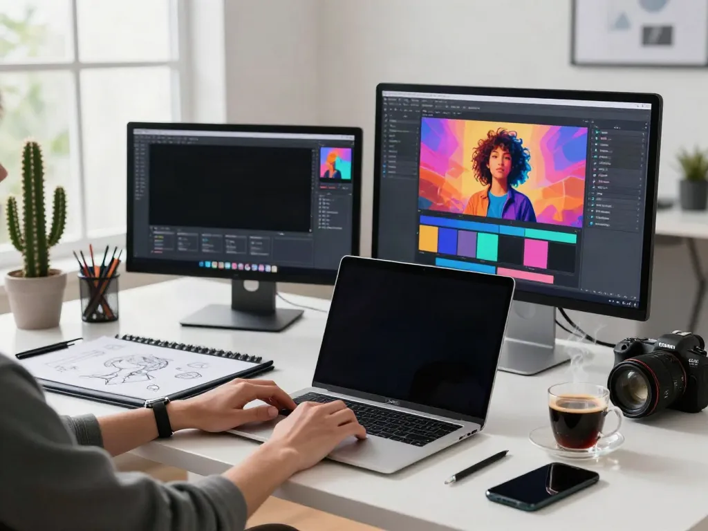 Designer generating AI image variations in a bright creative studio.