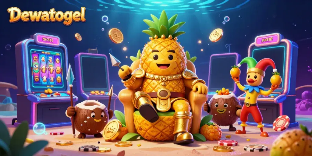 Dewatogel brings fun to bettors with a vibrant illustration of a golden pineapple king presiding over a tropical beach casino.