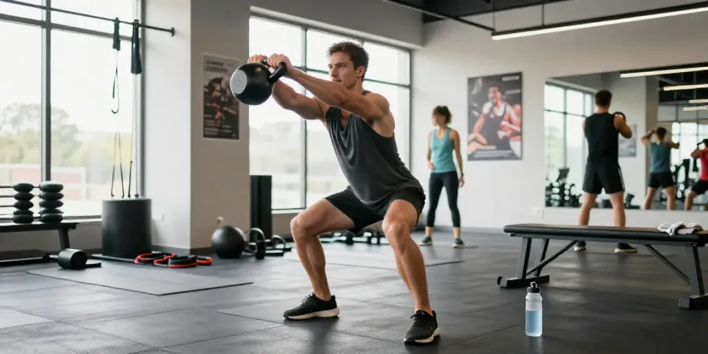 Athlete performing a kettlebell exercise in a modern gym, highlighting SwissChems fitness culture.