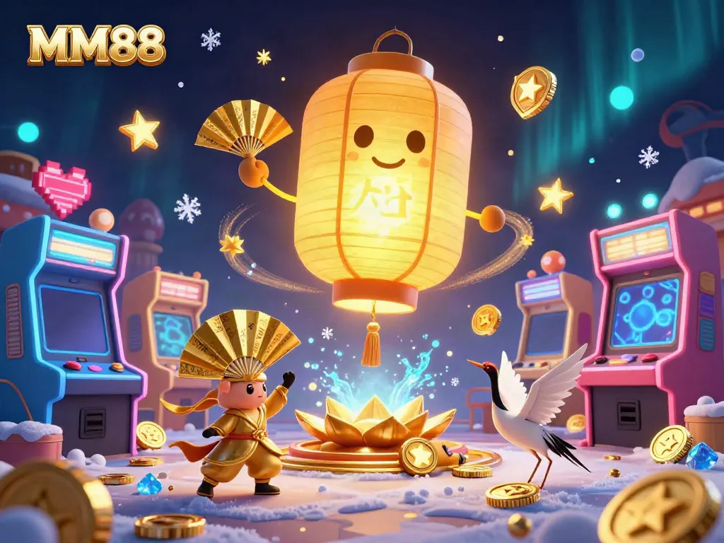 Experience the thrill of MM88 casino gaming with a vibrant scene featuring a golden lantern spirit and arcade elements.