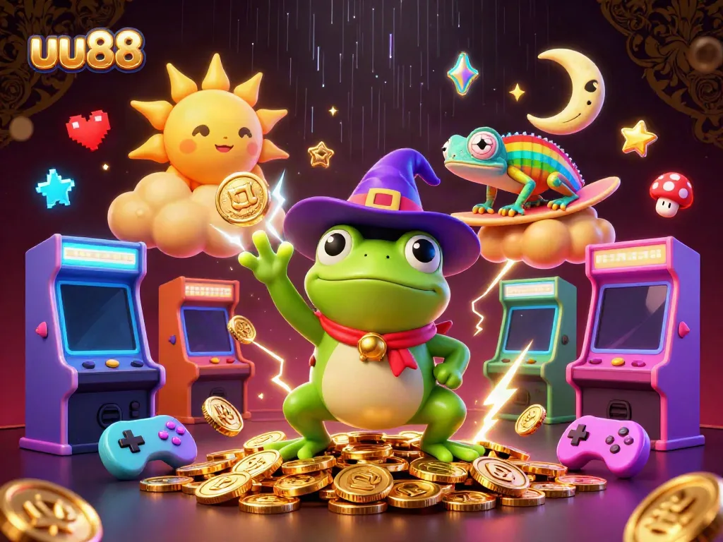Win big with uu88 as the weather wizard frog scatters golden coins and game elements in a vibrant casino-style scene.