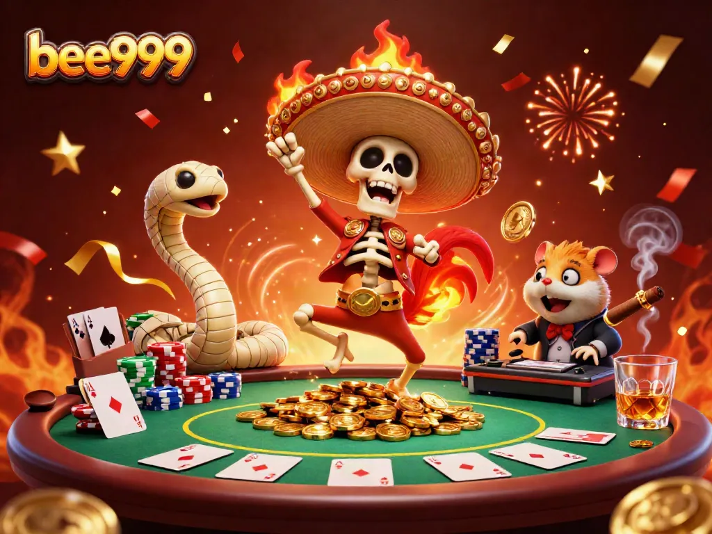 Experience the thrill of betting with bee999 featuring a lively mariachi rooster, mummy snake, and DJ hamster.