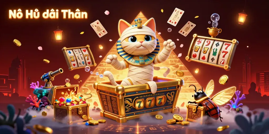 Nổ Hũ Đổi Thưởng showcases an engaging Egyptian mummy cat in a vibrant casino scene bursting with excitement and slot game elements.