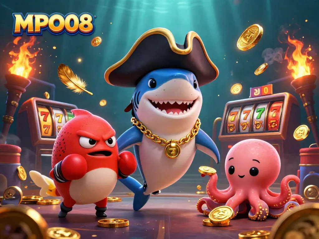 MPO08 showcases vibrant characters in a dynamic casino scene with gold coins and jackpot elements.