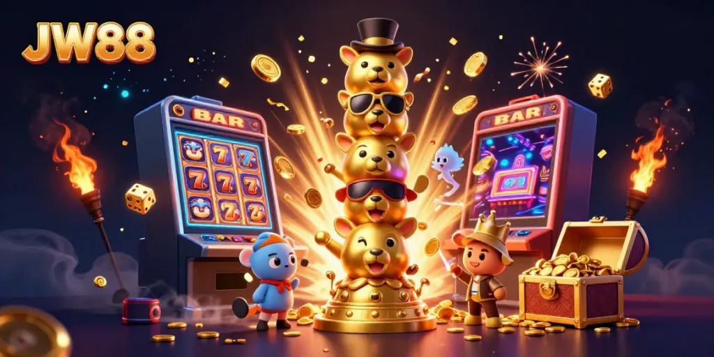 Experience the thrill of JW88 with dynamic gameplay explosions and a golden totem in a vivid casino scene.