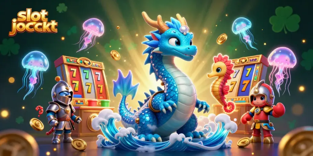 Experience the thrill of hitting a slot jackpot with this vibrant casino scene featuring a water dragon and seahorse knight.