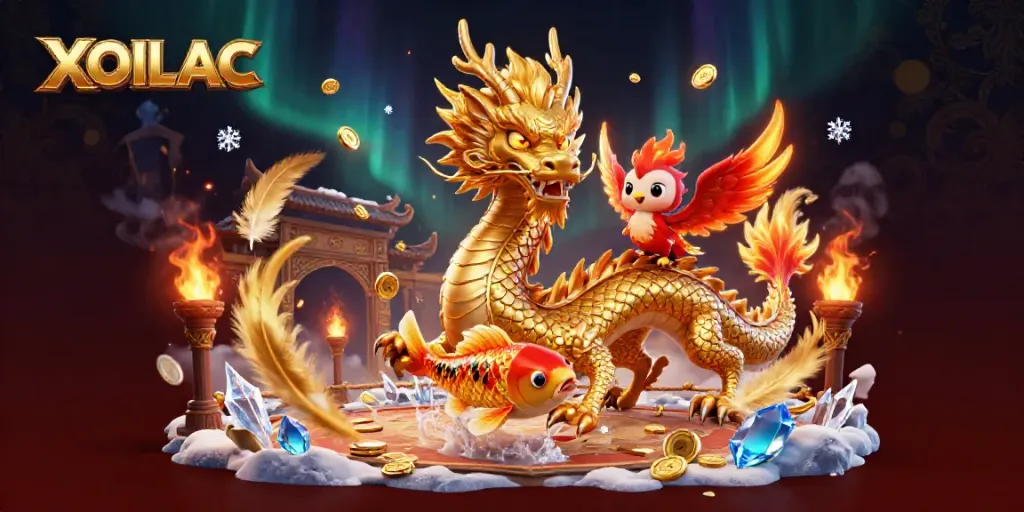 Experience the thrill of XOILAC with a dragon, phoenix, and koi fish amidst golden coins.