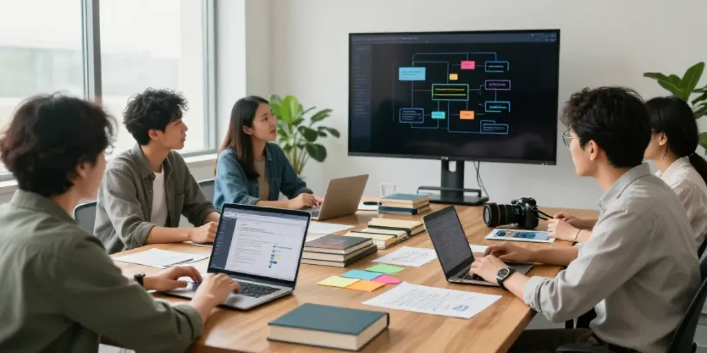 How to write pillar page content with AI in a modern office brainstorming session using tools and notes.