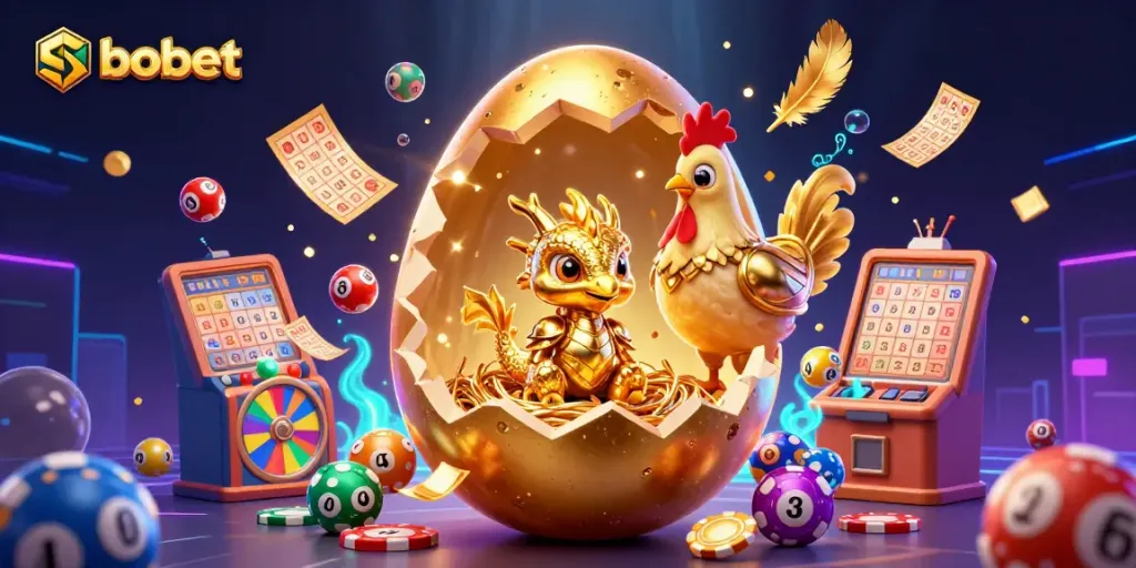 Bet on sbobet with this vibrant illustration of a golden dragon and gaming elements.