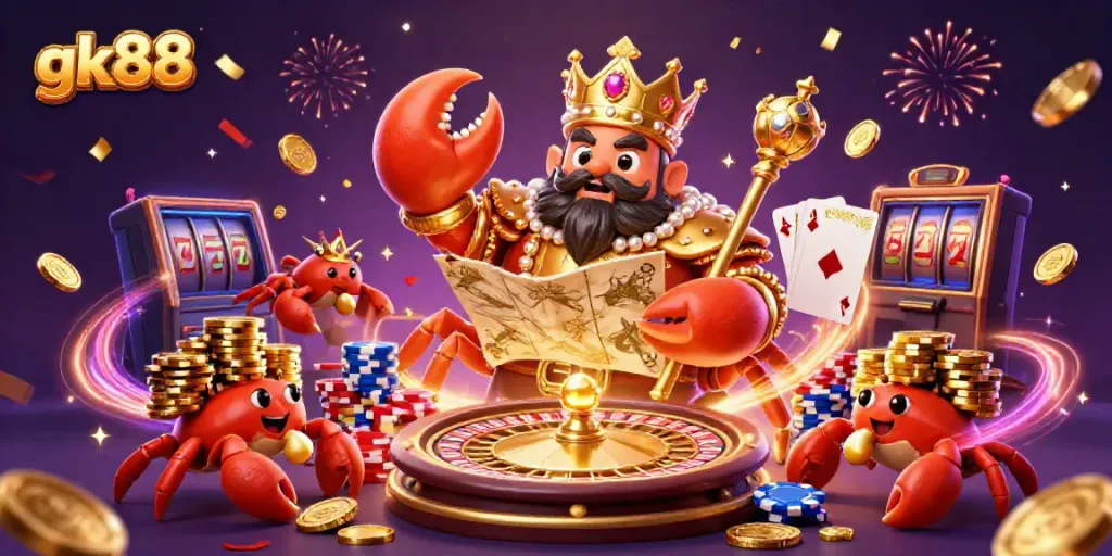 Engage with gk88 through a vibrant scene of joyous gambling featuring a golden crab emperor and casino elements.
