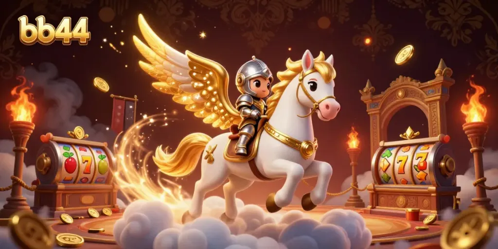 Experience a thrilling slots adventure with bb44, featuring a celestial horse and lucky symbols.