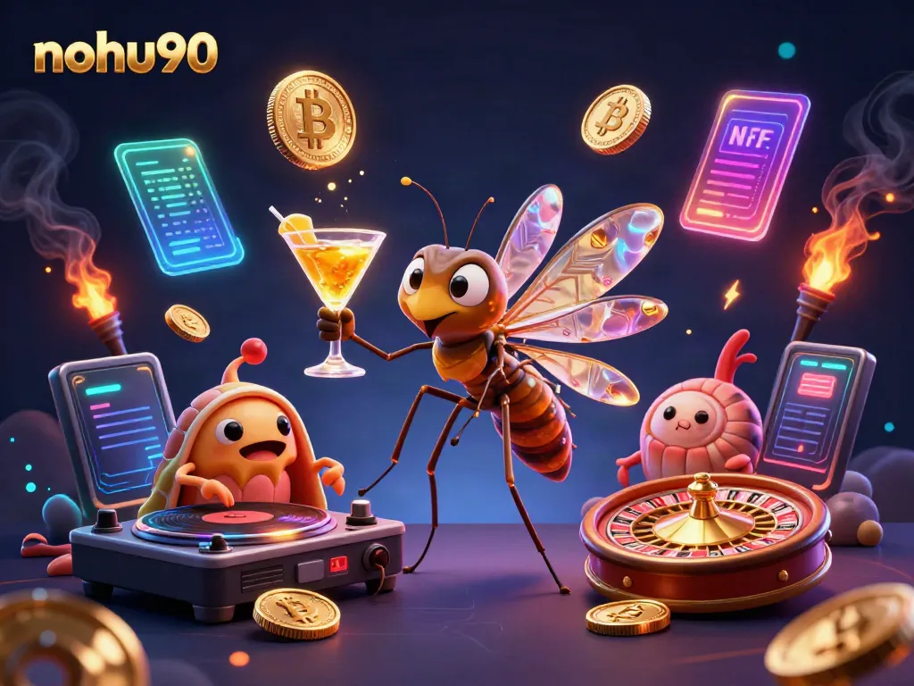 Experience exciting gameplay at nohu90 with a lively casino mascot and DJ in a vibrant scene.