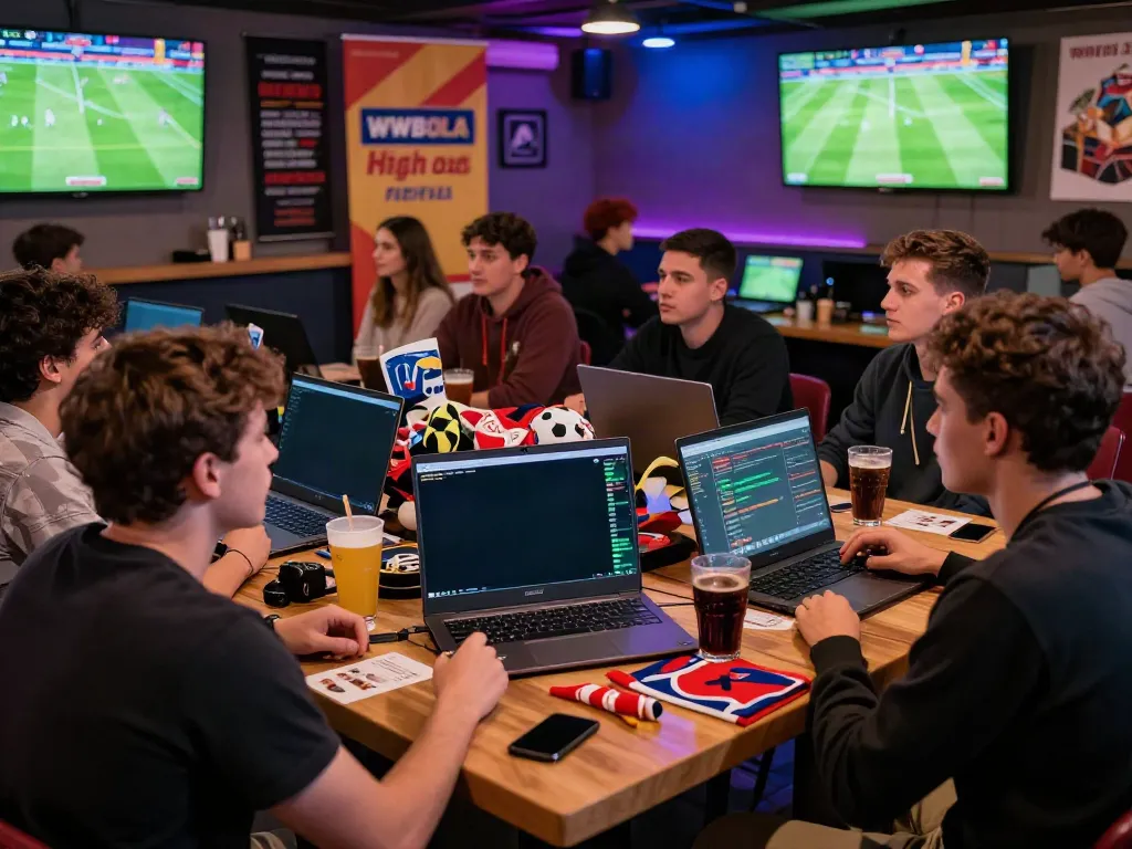 WWBOLA sports betting scene with fans watching live football matches and analyzing odds.