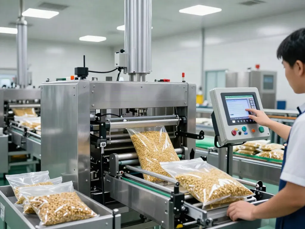 bagging machines manufacturer showcasing advanced automated equipment filling bags with dry goods in a manufacturing setting.