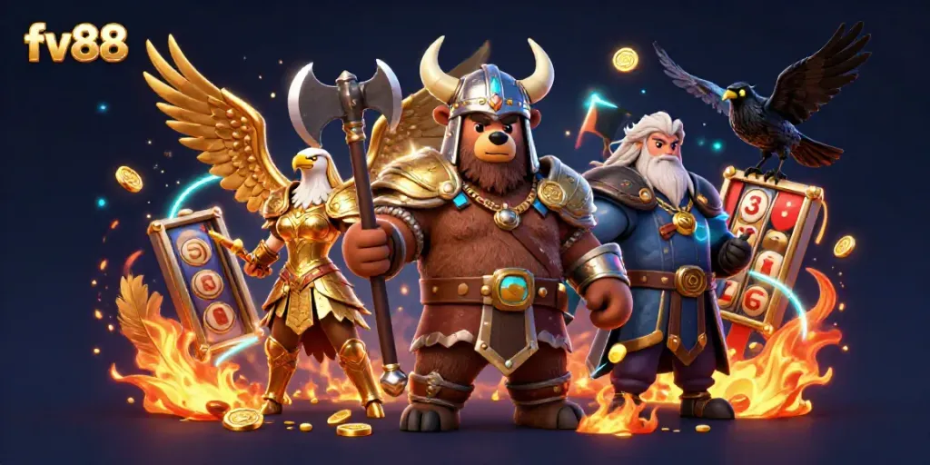 Vikings and eagles engage in a dynamic scene featuring vibrant casino elements showcasing fv88's gaming offerings.